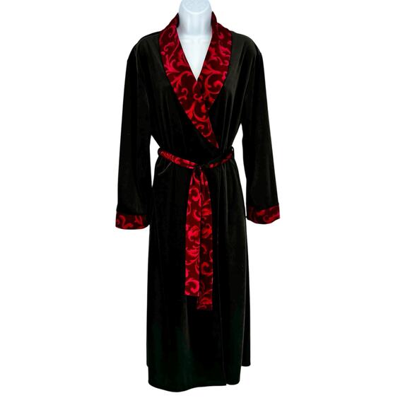 Gillian O'Malley Black and Red Velvet Tie Waist Robe Size S/M - Picture 2 of 6